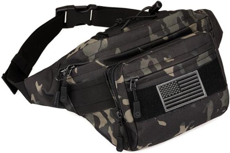 SOWHUP Tactical Fanny Pack,Military Waist Bag Pack with U.S Patch Utility Hip Belt Bumbag for Outdoor Fishing Hiking (Black c(4 Zipper Pockets)) - Image 1
